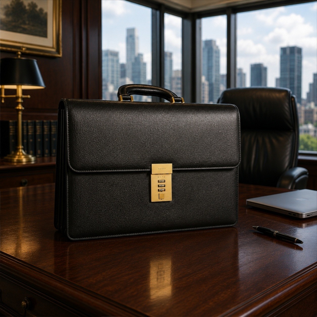 Gucci Pebbled Calfskin Executive Briefcase 0153400 Gold Lock Near Mint Vintage